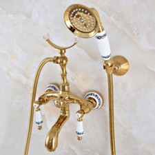 Gold Color Brass Clawfoot Bath Tub Faucet Telephone Design Handheld Shower Set