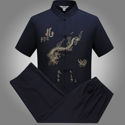 Mens Traditional Chinese Tang Suit Uniform Tai Chi T-shirt Suit Dragon Embroidey - Picture 2 of 26
