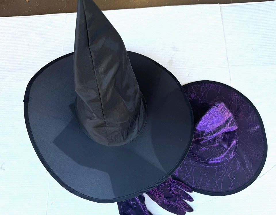 LOTE de 3 sombreros de bruja negros ala con cable púrpura metálico + guantes largos adultos adolescentes Foto 2 de 4