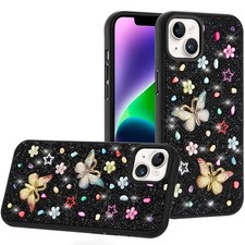 For iPhone 13/14 Case Butterfly 3D Jewel Glitter Bling Cover  Tempered Glass