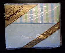 Vintage Springmaid Marvelaire Double Flat Sheet Green/Blue/White Striped NOS