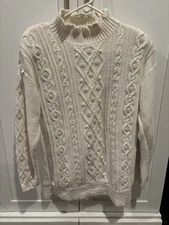 Women's Sweater Hand Knit Cable Knit Small White Tunic by Yarnworks Vintage