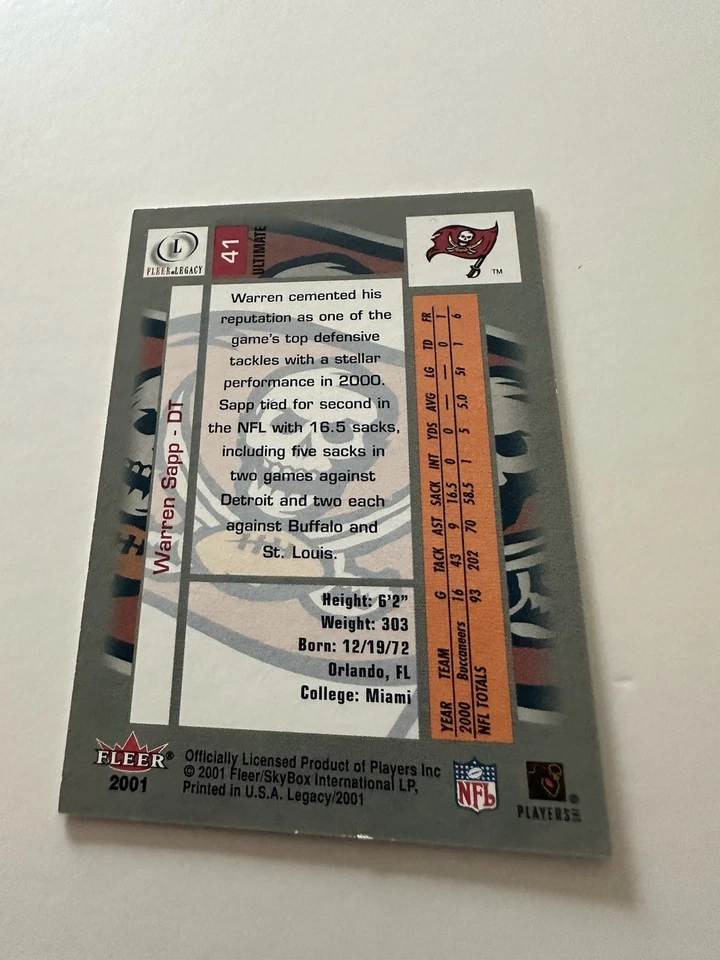 2001 Fleer Legacy Ultimate #41 Warren Sapp 225/250 Tampa Bay Buccaneers NMT MT - Image 2 of 2