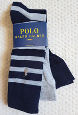 NWT Polo Ralph Lauren 3 Pairs Pack Casual Socks Pony Striped Grey Navy Blue