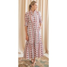 La Maison de Frederic Pink Floral Block Print Cotton Maxi Dress Lace Trim M