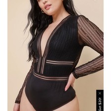 Lulus Black Casita Sheer Lace Long Sleeve Deep V Bodysuit Womens L Night Out