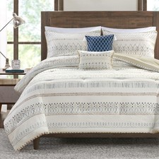 Boho Comforter Set - Seersucker Southwestern Queen Size 5 Pieces - Taupe/Bl