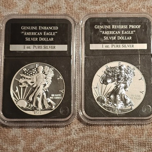 2013 Enhanced & Reverse Proof American Silver Eagle Set PCS Stamp & Coin Genuine