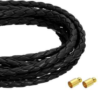 Cordons en cuir tressé 4 mm 2,19 yards, colliers ronds en cuir, noir - Photo 1/4