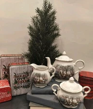 Vintage 1977 Avon 'Currier & Ives' Scene " Old Grist Mill " Porcelain Teapot Set