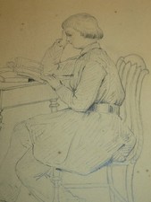 Ecole FRANCAISE XIX DESSIN CRAYON JEUNE ENFANT LECTURE BUREAU ROMANTISME 1847