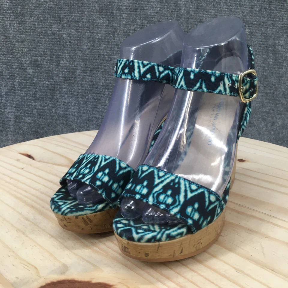 Sandalias Christian Siriano para mujer 6 tacones de corcho plataforma de cuña hebilla de tela azul Foto 3 de 4