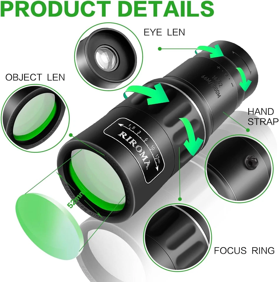 RIROMA Compact Monocular Telescope, 16X52 HD  2023 High Power Monocular - Image 4 of 4