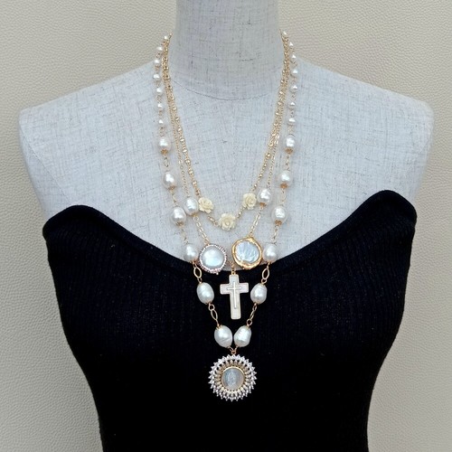 20" Freshwater White Rice Pearl Gold Plated Chian Layers Necklace Shell Pendant - Picture 3 of 8