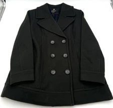 PENDELTON WOOL BLEND PEA COAT WOMENS SZ LP DOUBLE BREASTED JACKET BLACK LINED