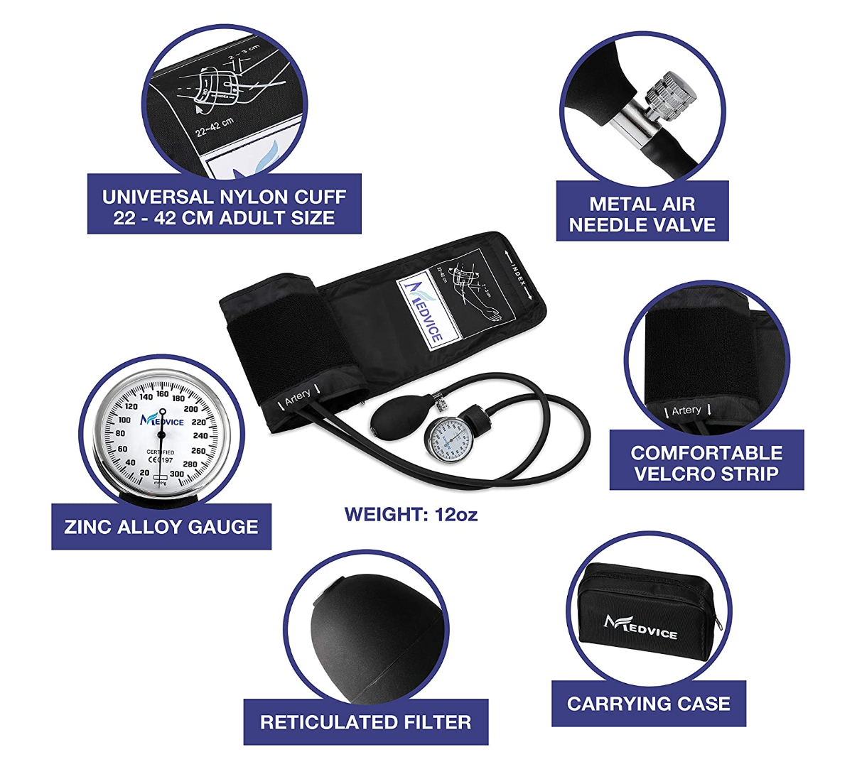MEDVICE Manual Blood Pressure Cuff Universal Size Aneroid
