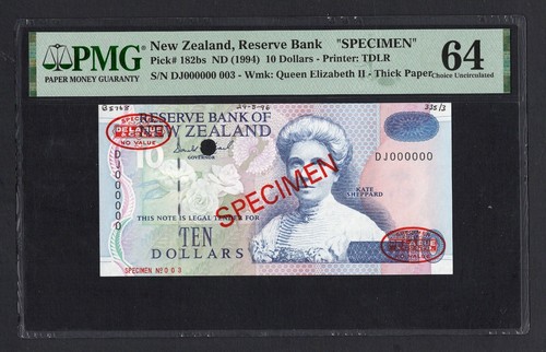 New Zealand 10 Dollars ND(1994) P182bs "Specimen N003 " UNC Grade 64