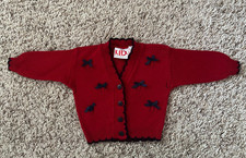 Vintage 90s Toddler Girls Red Cardigan Sweater Blue Bows sz 18 months