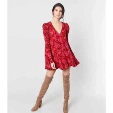 Free People S/P Mini Swing Dress Red Floral HELLO LOVER V Neck Puff Sleeve Tunic