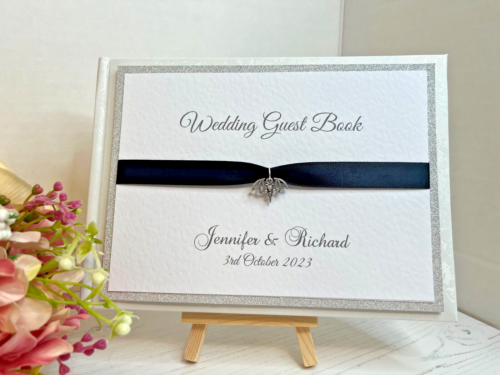 Wedding Guest Book - Bat Charm with Black Ribbon & Silver Glitter Card - Picture 1 of 5