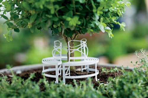 Miniature Tree Bench - White Metal - Fairy Garden Decor - Picture 2 of 2