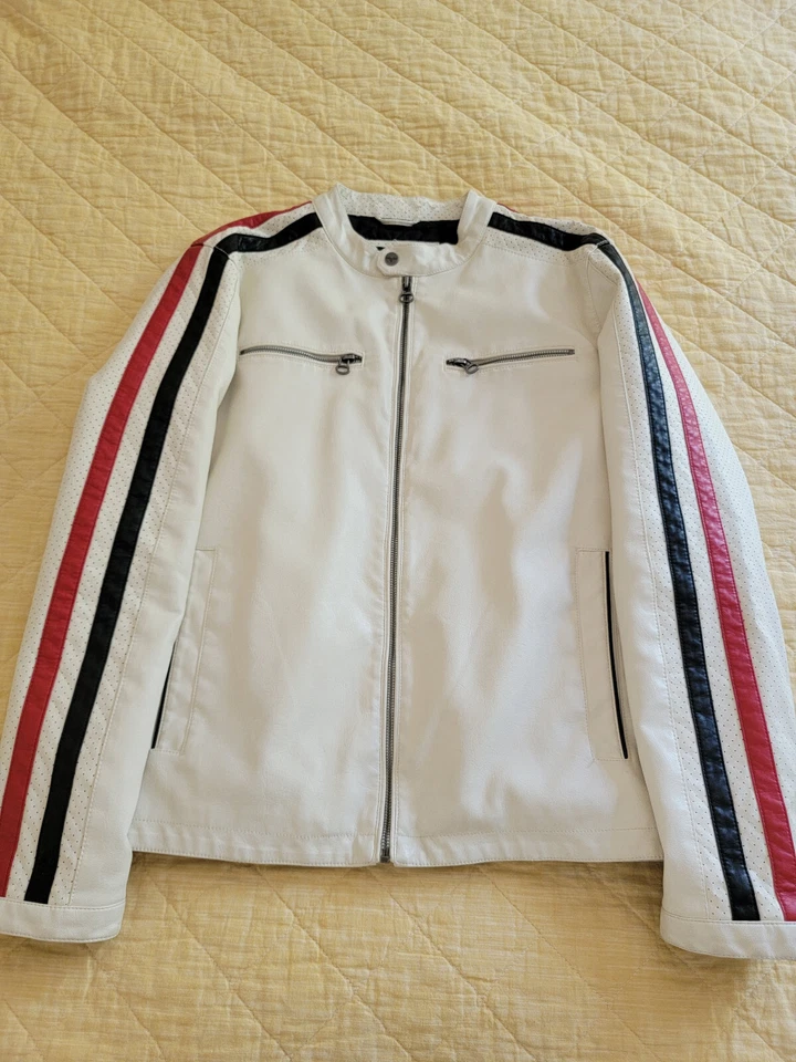 Wilsons Faux Leather White Jacket Medium Red Blue Stripes Motorcycle Moto - Image 3 of 4
