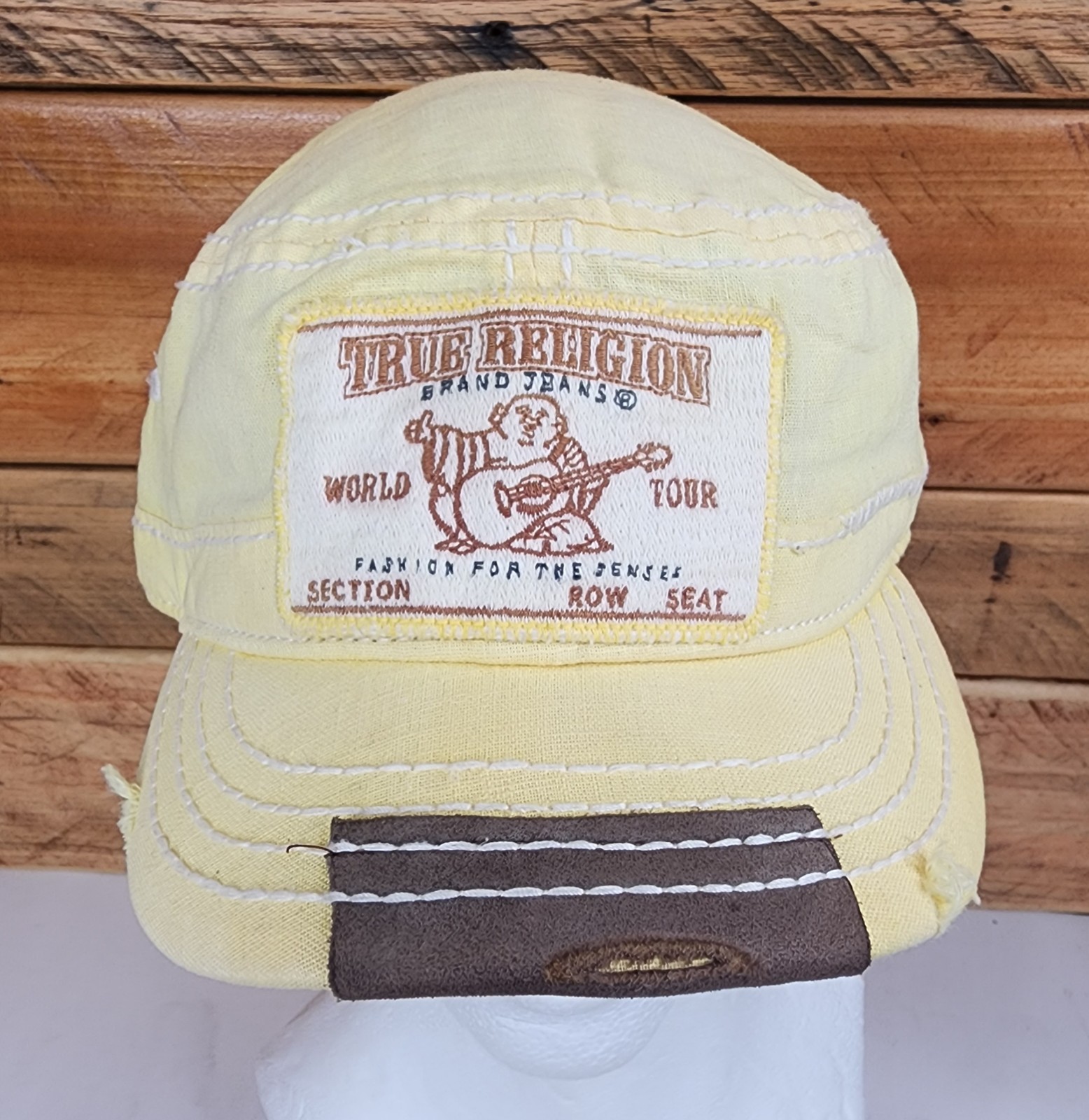 True Religion Women's Short Bill Distressed Leather Snap-Back Hat Yellow Green