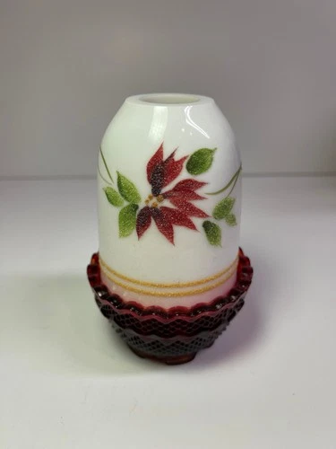 Fenton Art Glass ~ Poinsettia Candle Holder ~ Hand Painted by Sue Jackson