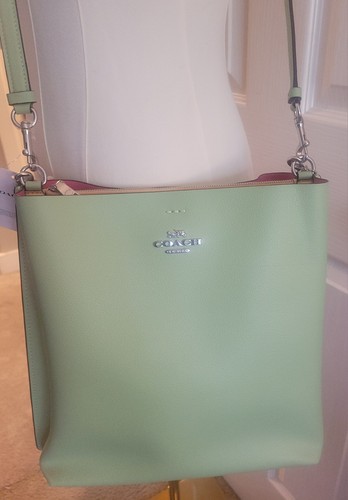 Coach Green Pebbled Zip Shoulder Bag Silver Hardware Pink Lining Pockets Strap