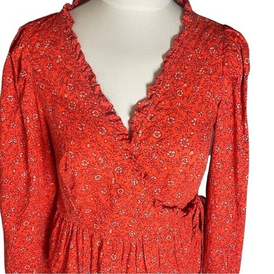 Universal Thread Red Floral Wrap Blouse Peplum Ruffle V Neck XS