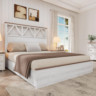 Rustic Full Size Bed Frame with Barn Door Headboard, White