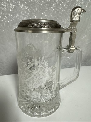 FiYe Eagle Glass Beer Stein With Unique Pewter Lid 6'' Tall Bald Eagle Etched In