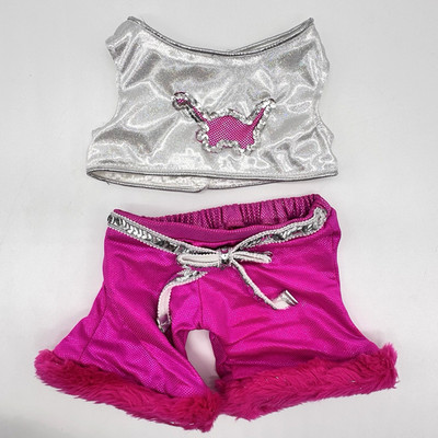 Build a Dino Rare Pink Silver Sequin Dinosaur Top Fur Trim Pants Teddy Outfit