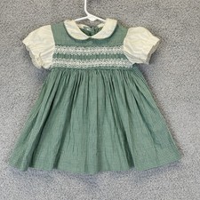 1970s Polly Flinders Style Gingham Dress Smocked Peter Pan Collar Size 9 Months