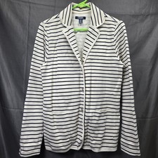 Chaps Women's Size Medium Tight Knit Beige/Blue Stripe Blazer Jacket Buttons 