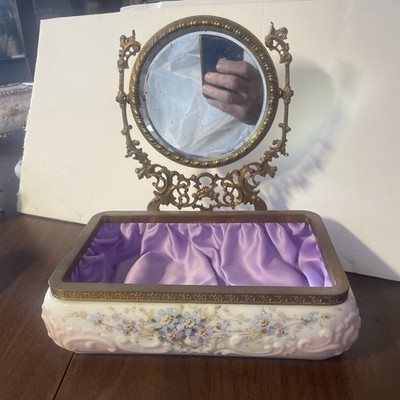Rare Antique Wave Crest Large Jewelry Dresser Box Floral  Swivel Mirror