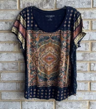 Lucky Brand Short Sleeve Scoop Neck Persian Carpet Tee Shirt Women's Size 1X