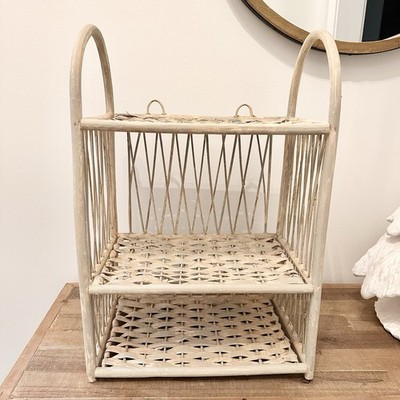 Vintage Tan Wash Wicker Rattan Wall Shelf 3 Tier Hanging Basket Shelf Decor