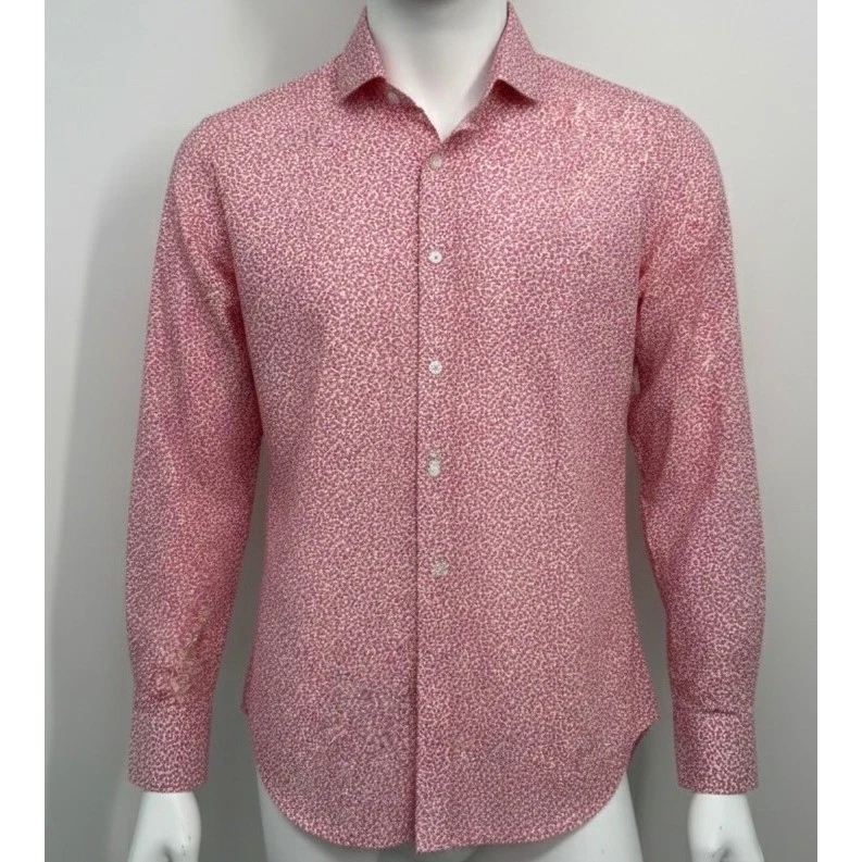 Bonobos Mens Pink White Leaf Print Cotton Linen Italian Shirt Tailored Slim 14.5