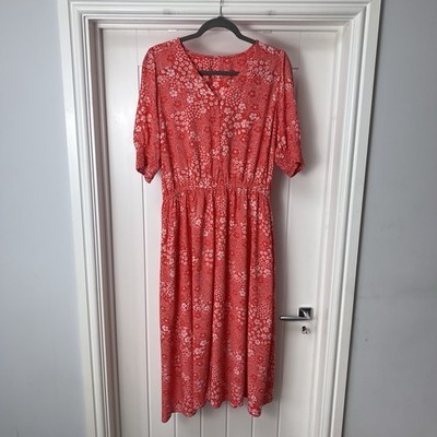 Markenloses Kleid Damen UK 14-16 rot weiß Blumen Midi Sommer Taschen Stretch