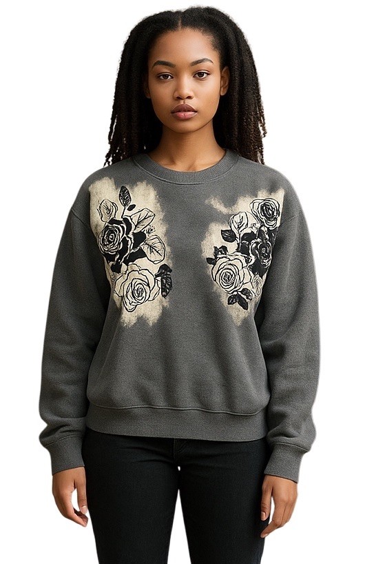 Wild Fable Women's Pullover Sweatshirt Gray w/ Felt Black Flowers Size XXL