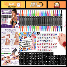 24 Temporary Tattoos  Skin Markers Set - 50 Stickers  82 Stencils for Teens 