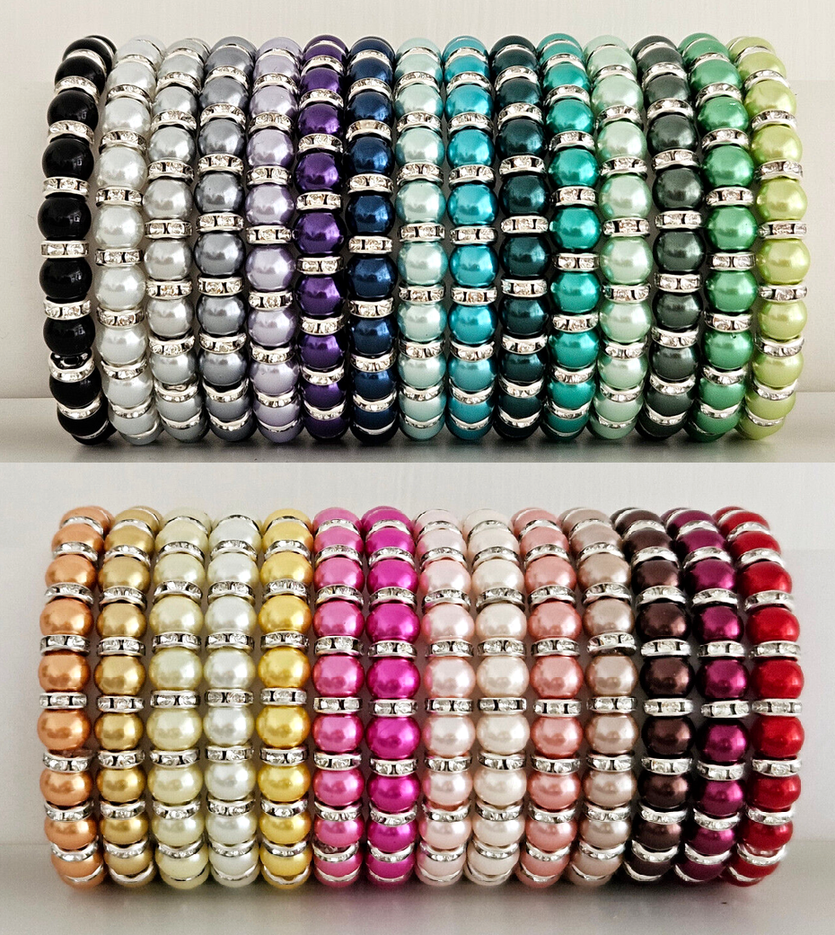 Elastic Glass Pearl & Silver Diamante Rondelle Bead Bracelet