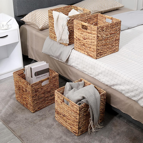 Foldable Handwoven Water Hyacinth Storage Baskets Wicker Cube Baskets Rectangula - Picture 2 of 6