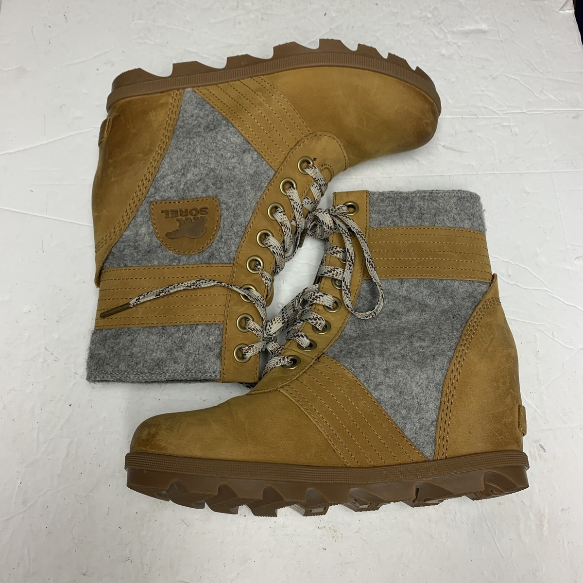 Sorel Lexie Wedge Boots Wool Felt Camel Leather NL3376-224 SZ