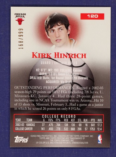 2003-04 Topps Pristine #120 Kirk Hinrich U #d - Picture 2 of 2