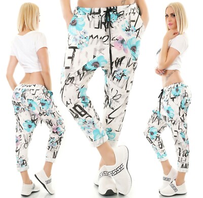 Italy Damen Sweat Hose Haremshose JogPants Baggy Boyfriend Schrift & BLume 36-40