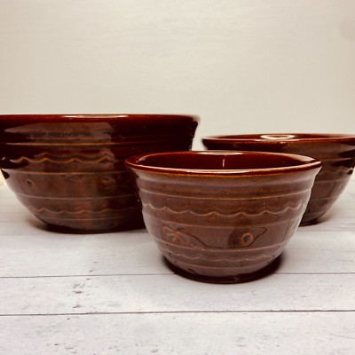 3 Vintage Marcrest Nesting Mixing Bowls Daisy Dot Brown Glaze Stoneware Pottery*