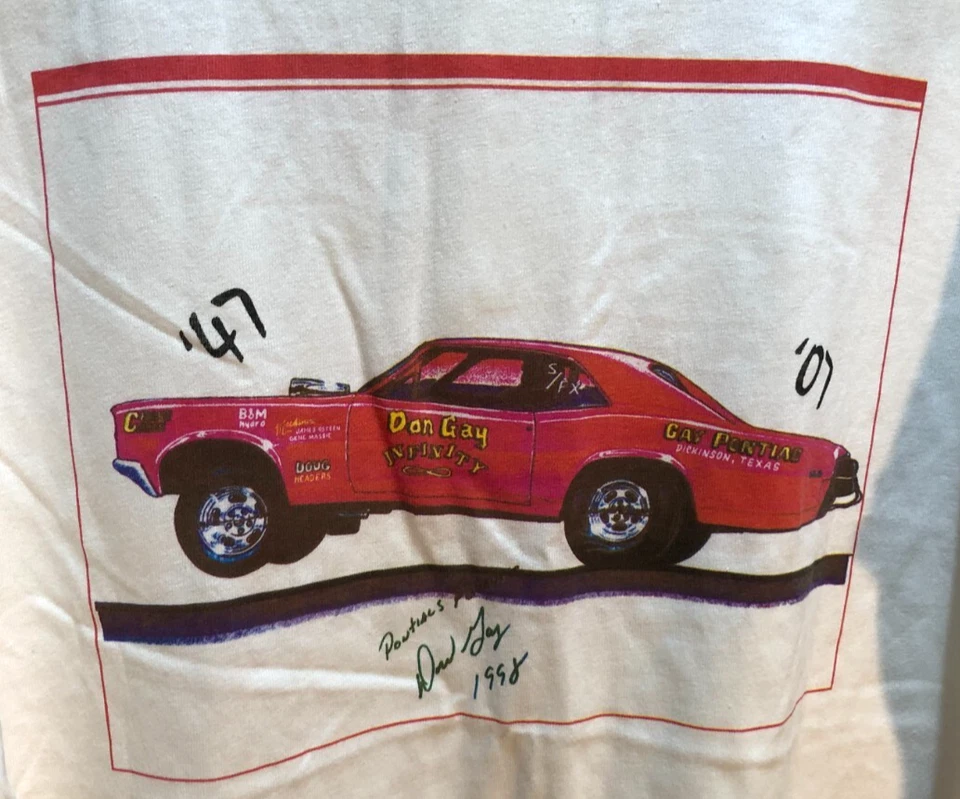 Camisa firmada Don Gay Infinity Pontiac Funny Car 1947 vintage blanca botón NHRA L Foto 2 de 3