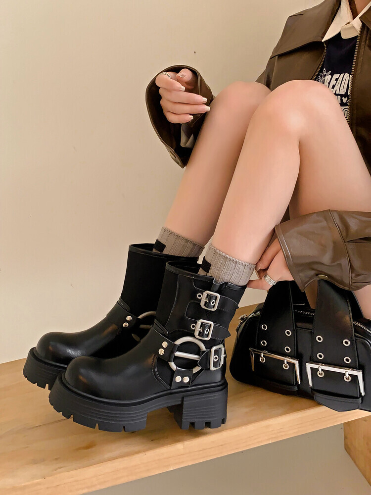 Womens Chic Leather Round Toe Buckle Straps Platform  display picture 3